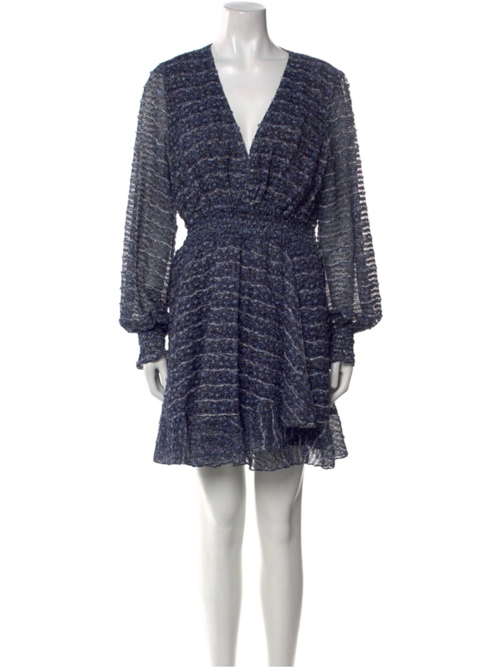 Maje Navy Textured V-Neck Long Sleeve Mini Dress